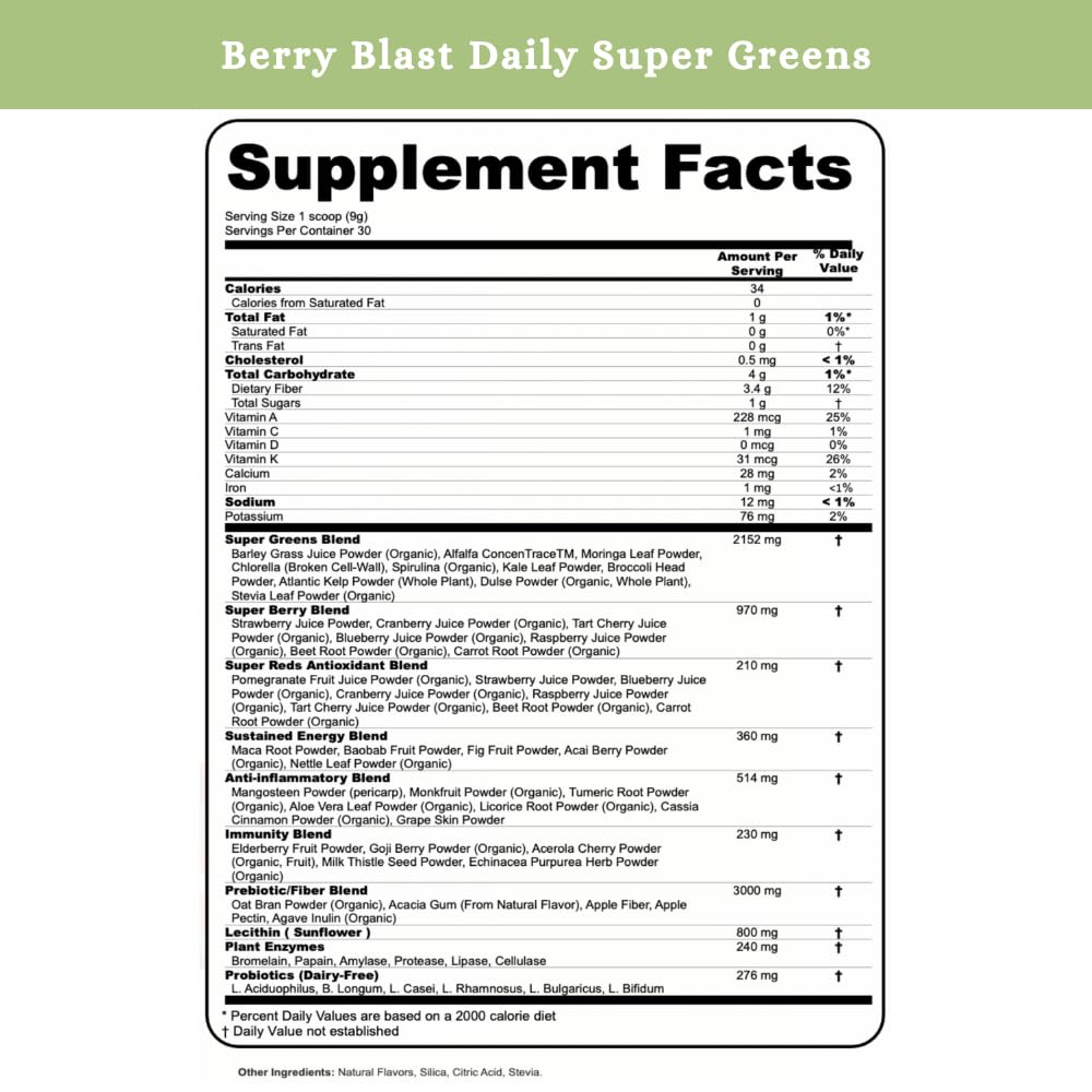 SPRIGS Daily Super Greens Powder Berry Blast, 9.5 Oz, 40+ Superfoods with Probiotics, Fiber & Enzymes | Vitamins & Minerals for Energy, Brain, Body & Digestive Support | Low Sugar Greens Drink Mix