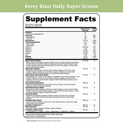 SPRIGS Daily Super Greens Powder Berry Blast, 9.5 Oz, 40+ Superfoods with Probiotics, Fiber & Enzymes | Vitamins & Minerals for Energy, Brain, Body & Digestive Support | Low Sugar Greens Drink Mix