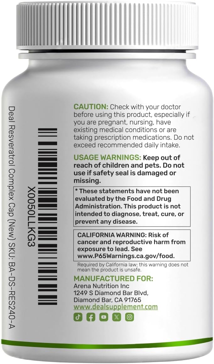 DEAL SUPPLEMENT Resveratrol Complex, 240 Veggie Capsules – Trans-Resveratrol Supplement with NAD, Quercetin, Turmeric, CoQ10, & More | Non-GMO, Gluten Free