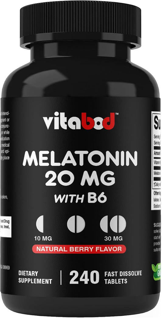 Vitabod Melatonin 20 mg Fast Dissolve Tablets with Vitamin B6, 240 Ct | Natural Berry Flavor, Sleep Support*, Non-GMO, Gluten Free, Made in USA