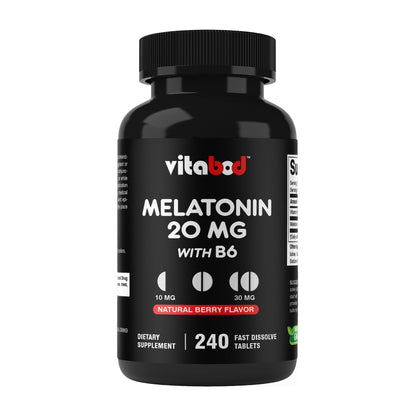 Vitabod Melatonin 20 mg Fast Dissolve Tablets with Vitamin B6, 240 Ct | Natural Berry Flavor, Sleep Support*, Non-GMO, Gluten Free, Made in USA