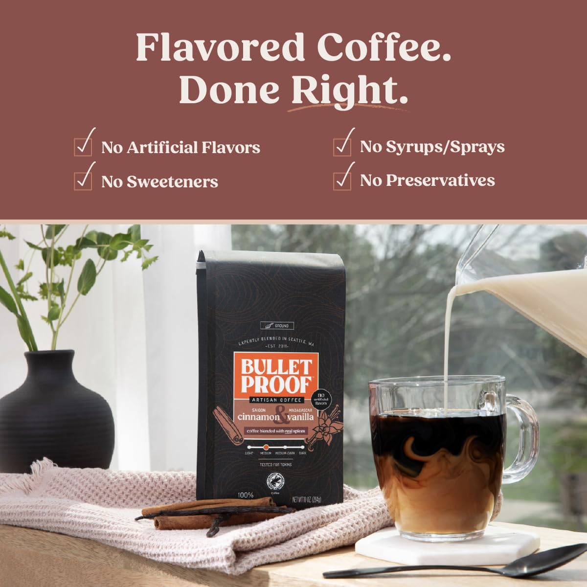 Bulletproof Cinnamon & Vanilla Flavored Ground Coffee, Medium Roast, 10 Oz, Clean Coffee Tested for Toxins, No Artificial Flavors, 100% Arabica Beans