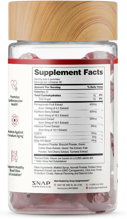 Snap Supplements Heart Health Gummies, CoQ10, Sugar-Free, 60 Vegan Gummies | Blood Circulation Supplements, Heart Health Supplements, Blood Flow Supplement, Gluten-Free, Non-GMO, Grapeseed, Blueberry