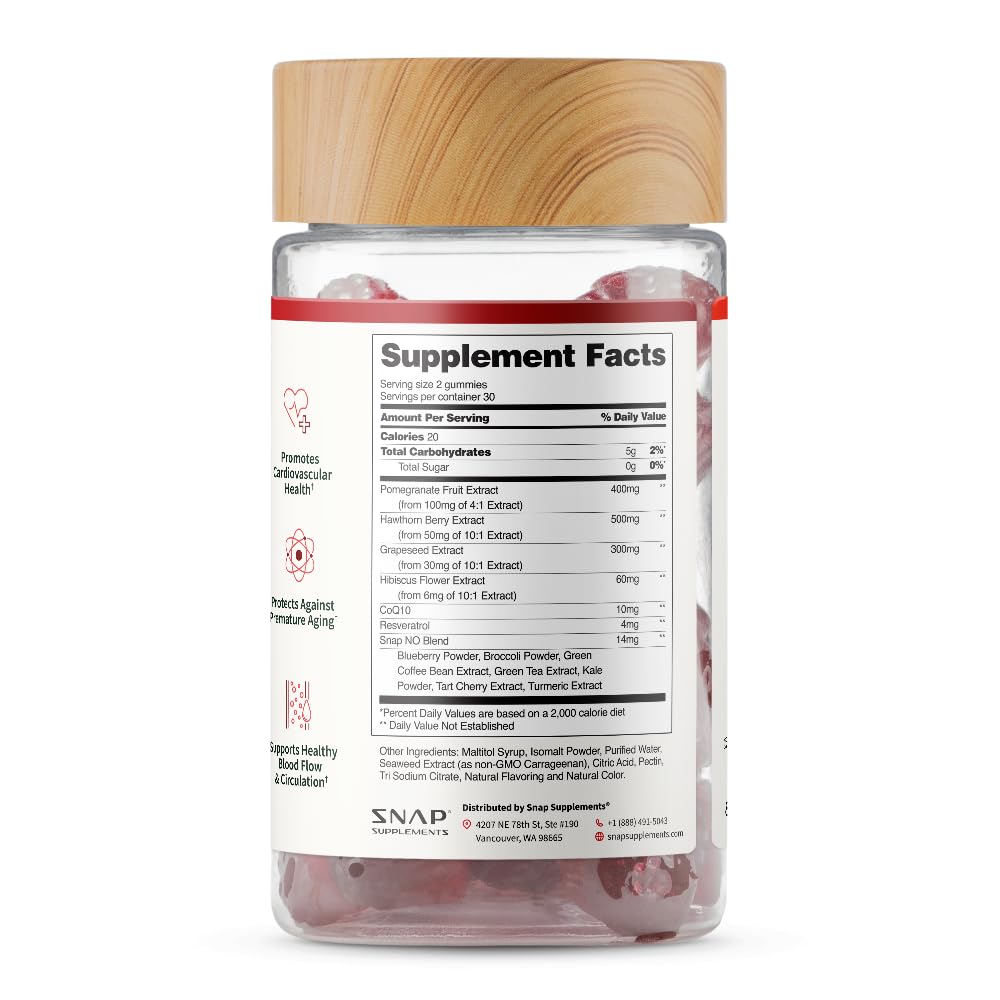 Snap Supplements Heart Health Gummies, CoQ10, Sugar-Free, 60 Vegan Gummies | Blood Circulation Supplements, Heart Health Supplements, Blood Flow Supplement, Gluten-Free, Non-GMO, Grapeseed, Blueberry