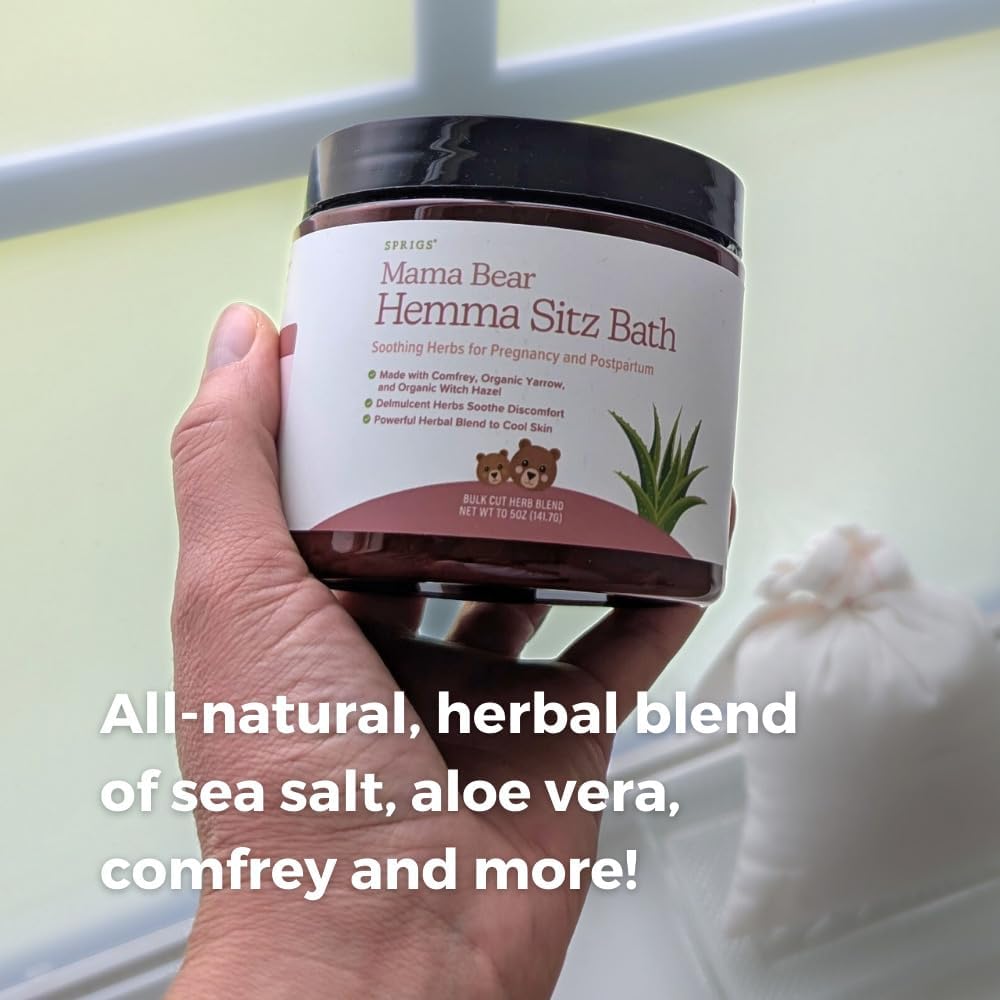 SPRIGS Mama Bear Hemma Sitz 5 Oz | Natural Soak for ‘Hemmies’ & Prenatal & Postpartum Recovery | Herbal Bath with Sea Salt, Organic Aloe Vera, Witch Hazel, Yarrow & Calendula | Support for After Birth