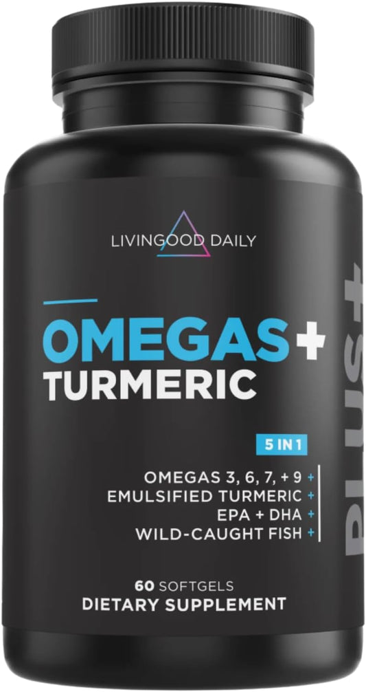 Livingood Daily Omega 3 6 9 Plus Turmeric Curcumin Supplement, 60 Softgels - Fish Oil Omega 3 Supplements (EPA & DHA) for Men and Women - Brain, Joint, and Metabolism - Made in USA