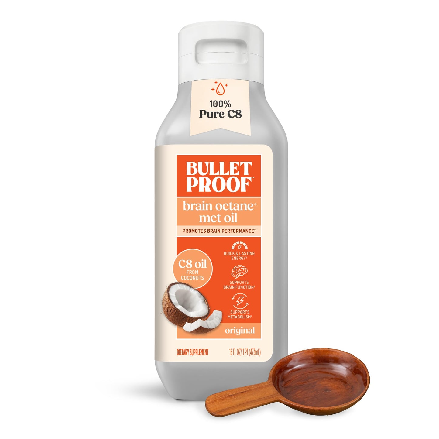 Bulletproof Brain Octane C8 MCT Oil, 16 oz – 100% Pure Coconut Oil, Triple-Distilled Keto Energy Supplement for Coffee & Smoothies, Unflavored, No Additives or Fillers, Non-GMO