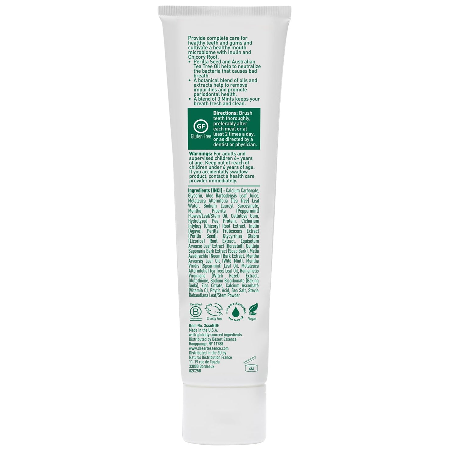 Desert Essence Prebiotic Plant-Based Whitening Toothpaste - Mint - Oral Care with Inulin, Perilla Seed & Aloe - Vegan, Fluoride Free, Non-GMO, Gluten-Free, Cruelty-Free - 6.25 oz
