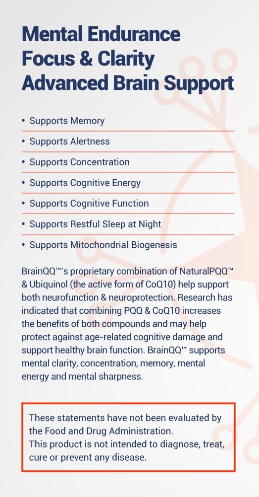 BrainQQ Get Smart! Enhanced HIGH Absorption Nootropic Brain Formula-Concentration, Focus, Clarity & Memory Peak Performance. 100mg of Ubiquinol (QH) Plus Natural PQQ 20mg
