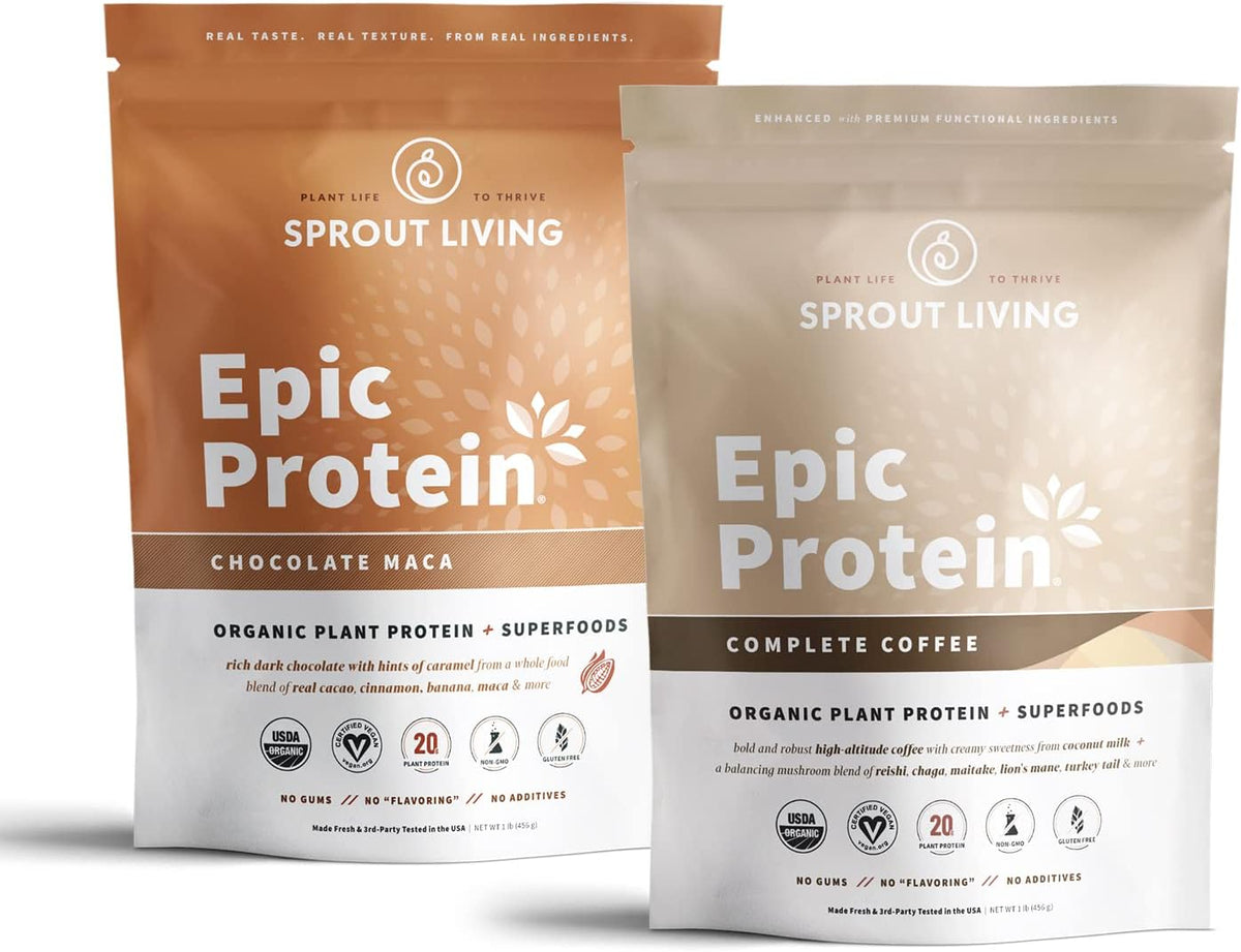 Sprout Living Epic Protein Bundle - Chocolate Maca & Complete Coffee (20g Organic Plant-Based Protein Powder, Vegan, Gluten Free, Superfoods) | 1lb, 12 Servings