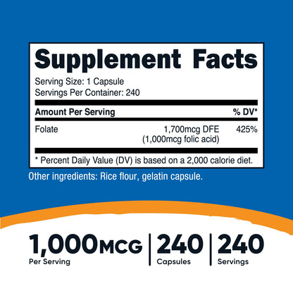 Nutricost Folic Acid (Vitamin B9) 1000 mcg, 240 Capsules