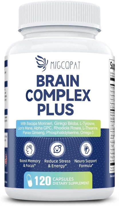 Brain Supplements for Memory and Focus | Nootropic with Bacopa Monnieri, Lion's Mane, Alpha GPC, Ginkgo Biloba | Mental Clarity & Cognitive Support | Vitamin B6 & B12 Neuro Health - Non-GMO, 120 Caps