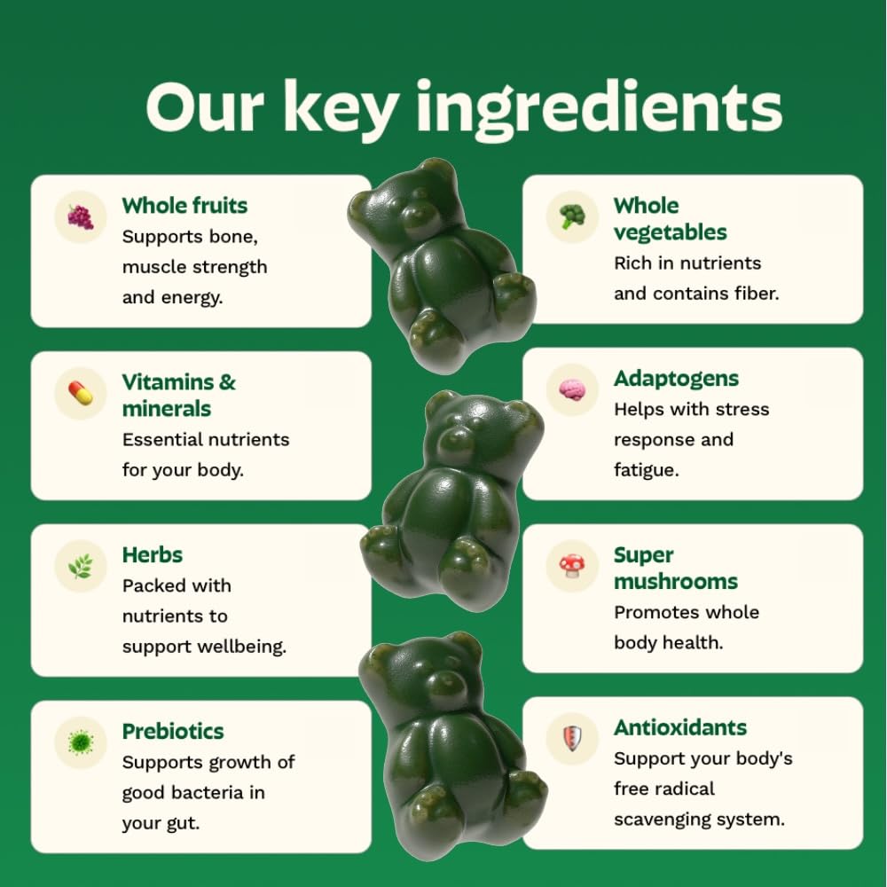 Adult Greens Gummies & Daily Multivitamin, Prebiotic Fiber, 28 ct | Adaptogens, Superfoods, 20+ Vitamins & Minerals, Digestion, Daily Support