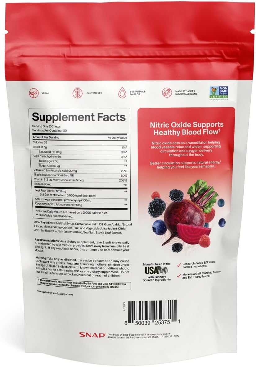 Snap Supplements Nitric Oxide Beet Root Chews, Mixed Berry, 60 Soft Chews | 1,250mg Beet Root Extract per 2 chews CoQ10 & Acai for Cardiovascular, Clean Energy, & Circulation Support, Sugar-Free, Vegan