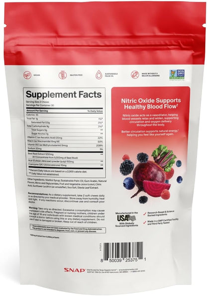 Snap Supplements Nitric Oxide Beet Root Chews, Mixed Berry, 60 Soft Chews | 1,250mg Beet Root Extract per 2 chews CoQ10 & Acai for Cardiovascular, Clean Energy, & Circulation Support, Sugar-Free, Vegan