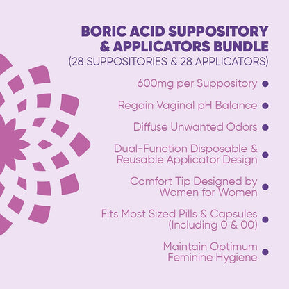 SEROVERA Seroflora Boric Acid Vaginal Suppositories 600 mg + Suppository Applicators Bundle