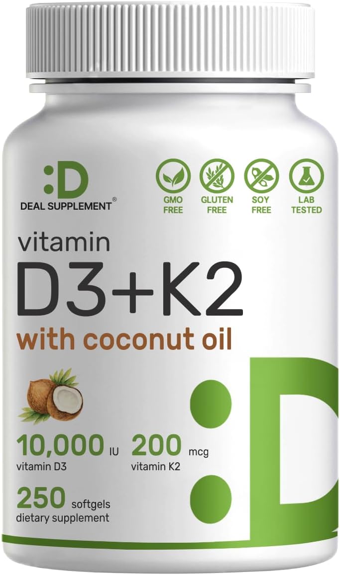 DEAL SUPPLEMENT Vitamin D3 10,000 IU + K2 MK7 200mcg Softgels, 250 Count | 2-in-1 Complex with Virgin Coconut Oil | Easy to Swallow