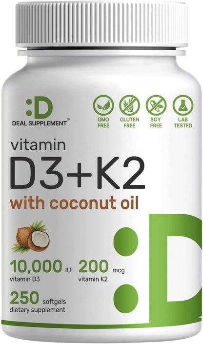 DEAL SUPPLEMENT Vitamin D3 10,000 IU + K2 MK7 200mcg Softgels, 250 Count | 2-in-1 Complex with Virgin Coconut Oil | Easy to Swallow
