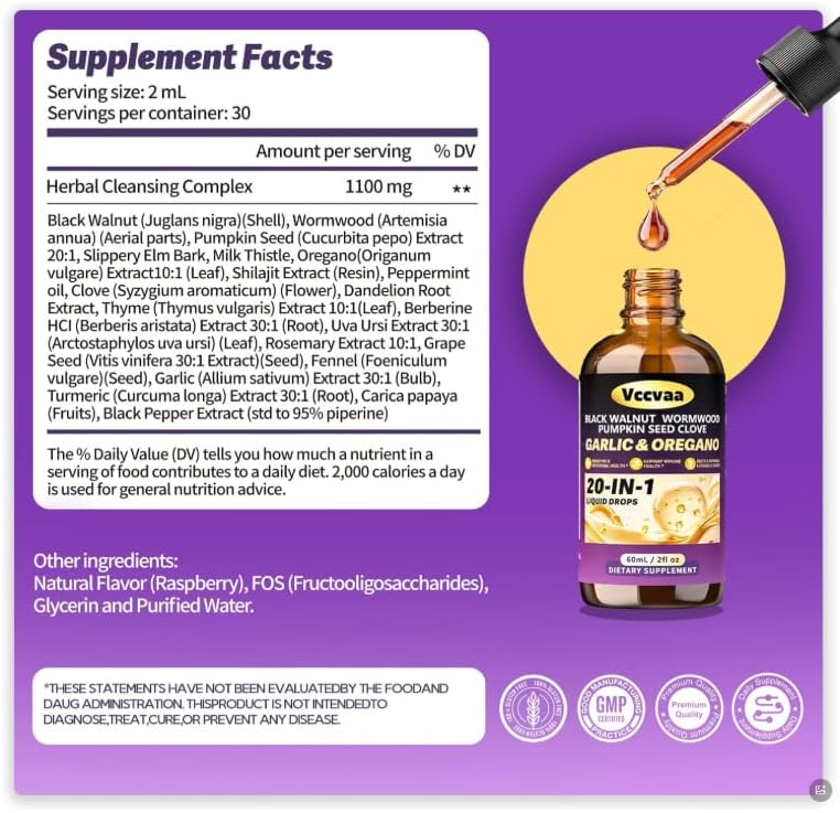 2 Pack 20-in-1 Wormwood Black Walnut Cleanse Drops, with Pumpkin Seed & Oregano, Digestive & Intestinal Health Support,Grape Flavor, 80mL / 2.70 Fl Oz per Bottle