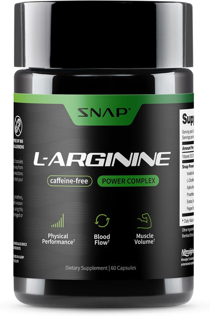 Snap Supplements L-Arginine, L-Citrulline & 3 Forms of L-Arginine, 60 Count | Support Healthy Circulation, Nitric Oxide & Exercise Performance, Vegan, Gluten-Free, Non-GMO, 30-Day Supply