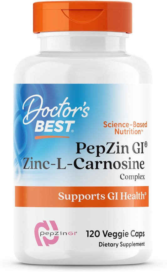 Doctor's Best PepZin GI, Zinc-L-Carnosine Complex for Men & Women - Zinc Carnosine Supplement Caps for Gut Health, Digestive Support, & Stomach Comfort, Vegan, Gluten Free - 120 Veg Capsules