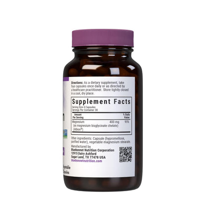 Bluebonnet Nutrition Magnesium Glycinate 400mg Maximum Absorption Mineral Complex Supports Energy Production & Enzyme Function - Non-GMO, Soy-Free, Gluten-Free - 120 Veggie Capsules