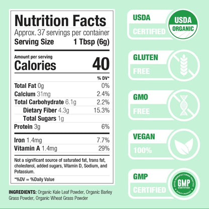 Nature Restore Organic Greens Powder (8 oz). 100% Pure Grown in USA Kale, Wheatgrass & Barleygrass. Alkalizing Morning Green Juice Shot & Digestive Support. No-Mess Juicer Alternative, Gluten-Free