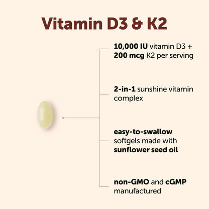 Micro Ingredients Vitamin D3 K2 MK-7 10,000 IU Per Serving, 300 Softgels | Made with Virgin Coconut Oil, K2 200 mcg Per Serving. D3 & K2 Vitamin Supplement. Easy-to-Swallow. Non-GMO, Gluten Free.
