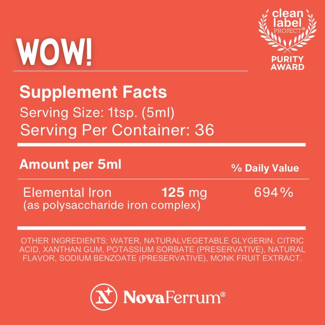 NovaFerrum Wow 125mg High Potency Liquid Iron Supplement for Adults | Vegan verified and gluten free certified, sugar-free formula for those managing low iron levels every single day | 6 Fl Oz