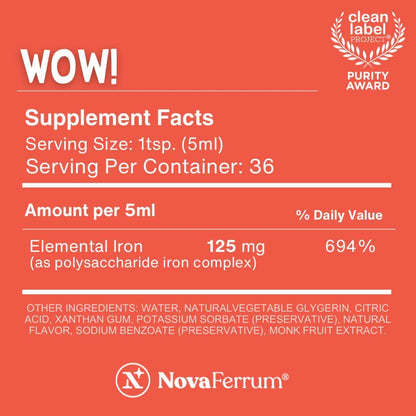 NovaFerrum Wow 125mg High Potency Liquid Iron Supplement for Adults | Vegan verified and gluten free certified, sugar-free formula for those managing low iron levels every single day | 6 Fl Oz