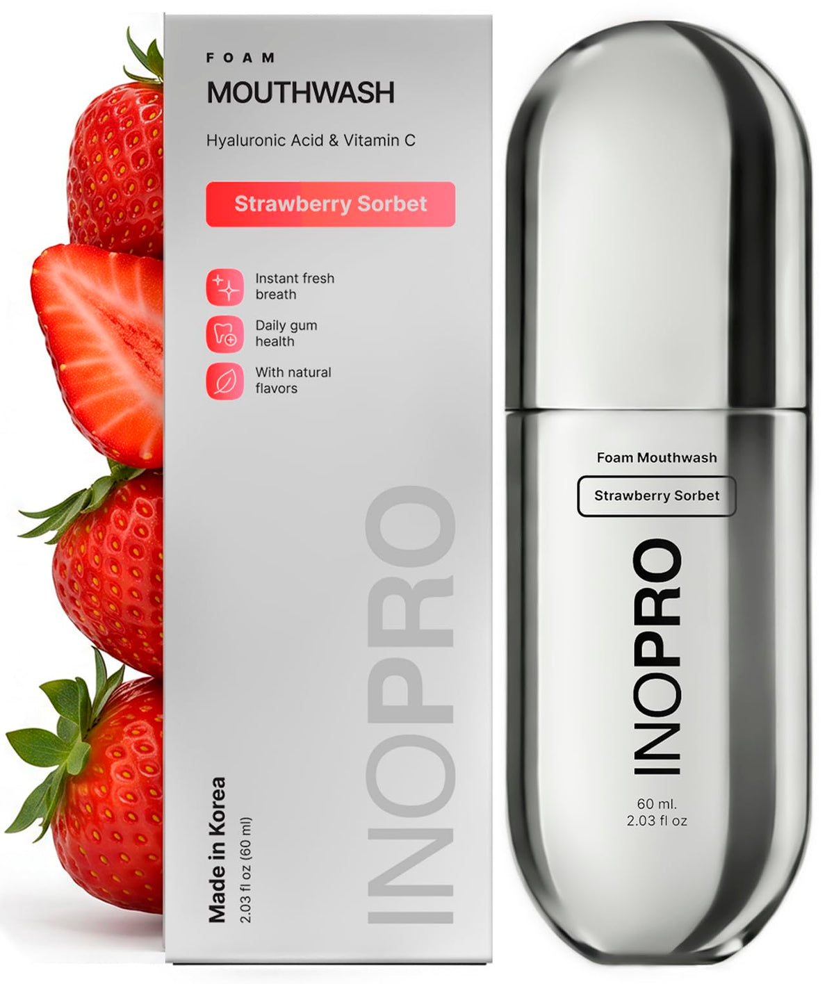 INOPRO Foam Mouthwash with Nano-Hydroxyapatite, Xylitol, Hyaluronic Acid, Vinamin C, Alcohol Free, Fluoride Free Oral Rinse Portable Travel Size - Spearmint, 2.03 fl oz