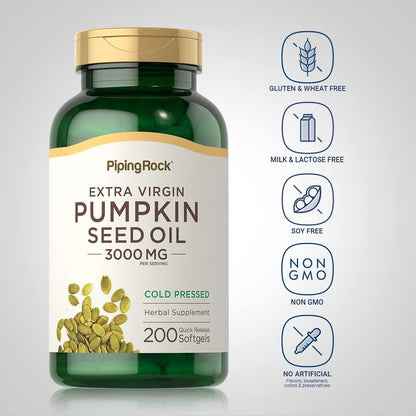 Piping Rock Pumpkin Seed Oil Softgel Capsules | 200 Count | Cold Pressed Herbal Supplement | Extra Virgin with Omega 6 and 9 | Non-GMO, Gluten Free