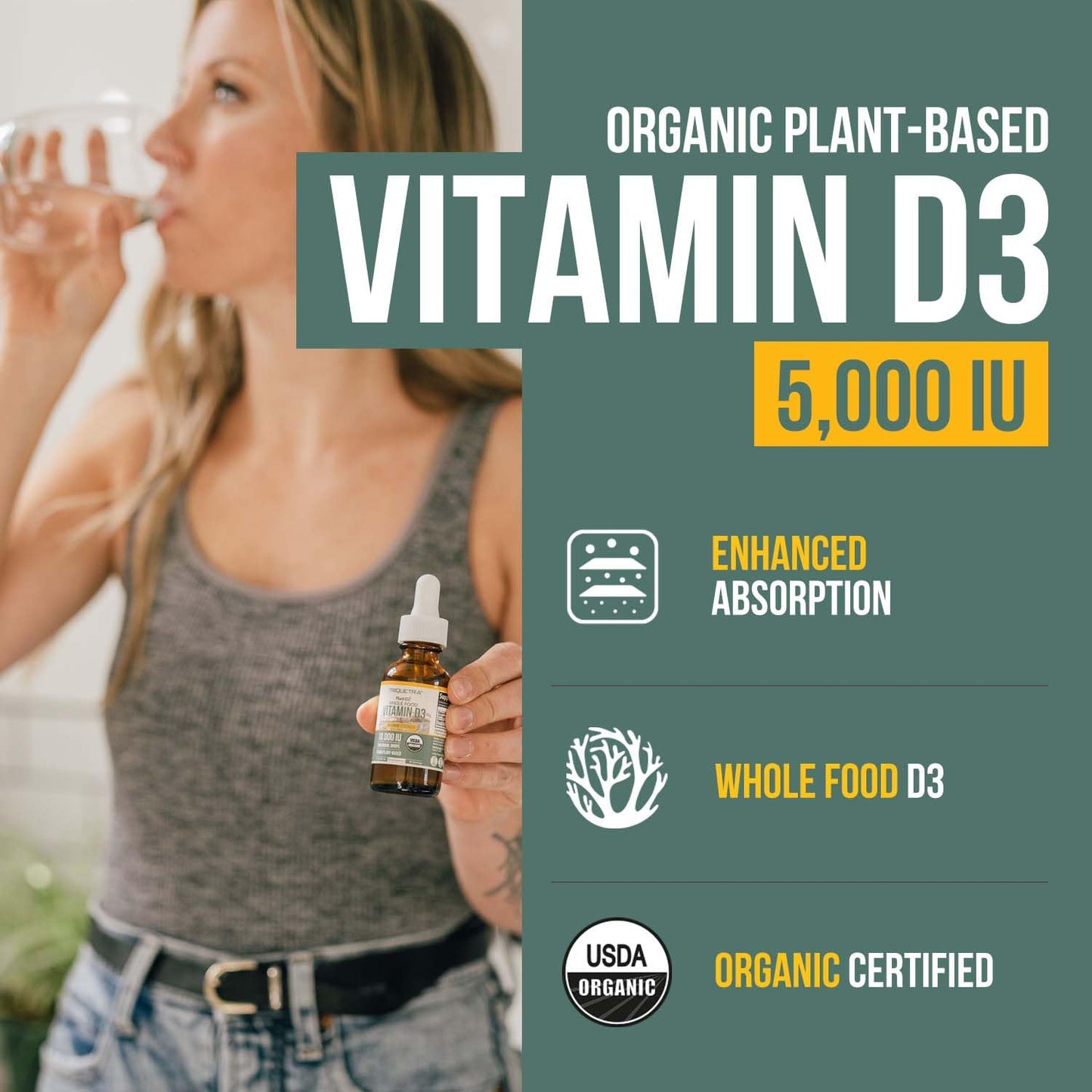 Organic Vitamin D3 5,000 IU - 100% Whole Food & Plant-Based Cholecalciferol Form, 100% Vegan Vitamin D - Enhanced with Prebiotic & Superfood Complex – Organic, Vegan, GMO & Gluten Free (60 Capsules)