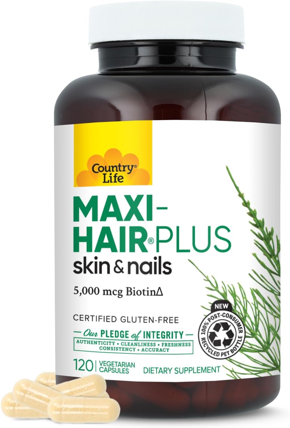 Country Life Maxi-Hair Plus Hair Skin & Nails Vitamin, 5,000 mcg Biotin, 120 Vegetarian Capsules, Gluten Free