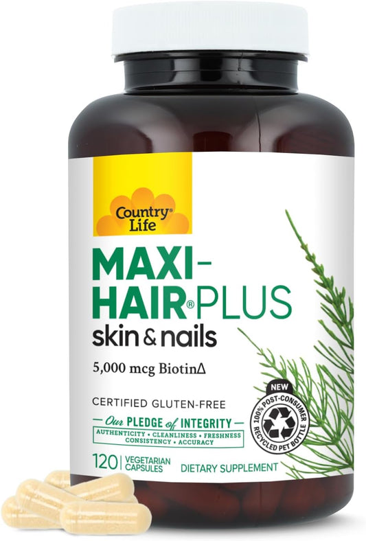 Country Life Maxi-Hair Plus Hair Skin & Nails Vitamin, 5,000 mcg Biotin, 120 Vegetarian Capsules, Gluten Free
