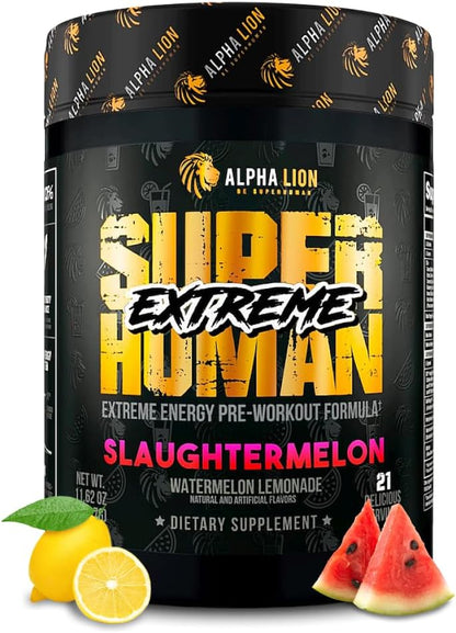 ALPHA LION Superhuman Extreme High Stim Pre Workout Powder, Beta Alanine, L-Taurine & 356mg Tri-Source Caffeine for Sustained Energy, Nitric Oxide & Citrulline for Pump (21 Servings, Slaughtermelon)