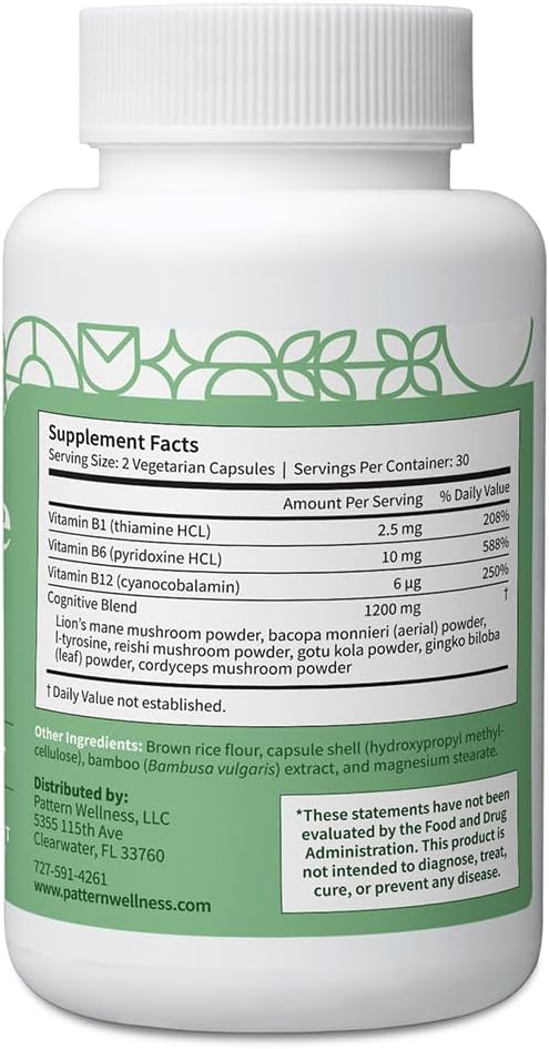 Pattern Wellness Cognitive Complex Supplement – Supports Brain Health & Mental Clarity – with Lion’s Mane, Bacopa & B Vitamins – 60 Vegetarian Capsules