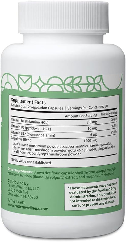 Pattern Wellness Cognitive Complex Supplement – Supports Brain Health & Mental Clarity – with Lion’s Mane, Bacopa & B Vitamins – 60 Vegetarian Capsules