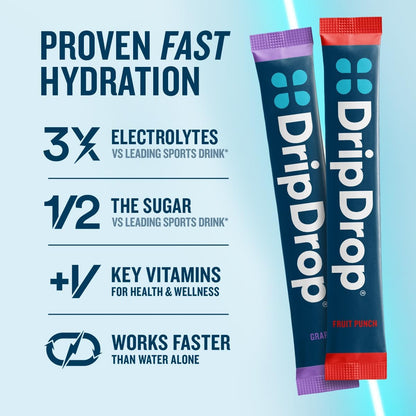 DripDrop Hydration Juicy Variety Pack, Electrolyte Packets, 32 Count | Grape, Fruit Punch, Strawberry Lemonade & Cherry; 3X Electrolytes, Vitamin C, Magnesium, Zinc; Single Serve Powder Drink Mix