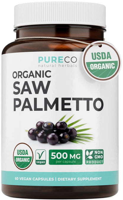 PURE CO USDA Organic Saw Palmetto Supplement - Organic Saw Palmetto for Women & Men's Urinary Tract Prostate & DHT Blocker for Women - Whole Berries - Vegan Non-GMO & Lab Verified (2 Month Supply)