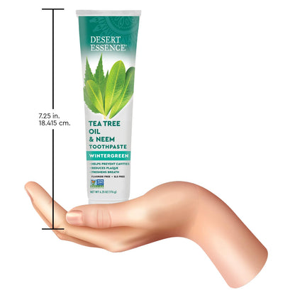 Desert Essence Tea Tree Oil & Neem Toothpaste - Fluoride-Free, Gluten-Free, SLS Free Formula - Vegan, Herbal Toothpaste for Plaque Reduction - Wintergreen Flavor, 6.25 oz