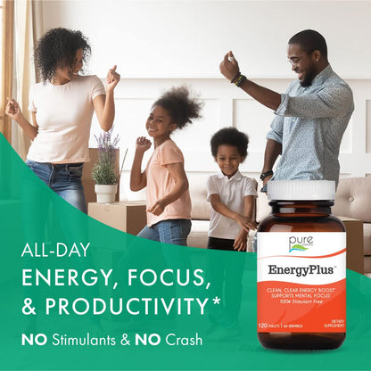 Energy Plus by Pure Essence - Caffeine Free, All Natural Herbal Energy and Focus Supplement - Smooth, No Jitters No Crash - 60 Tablets