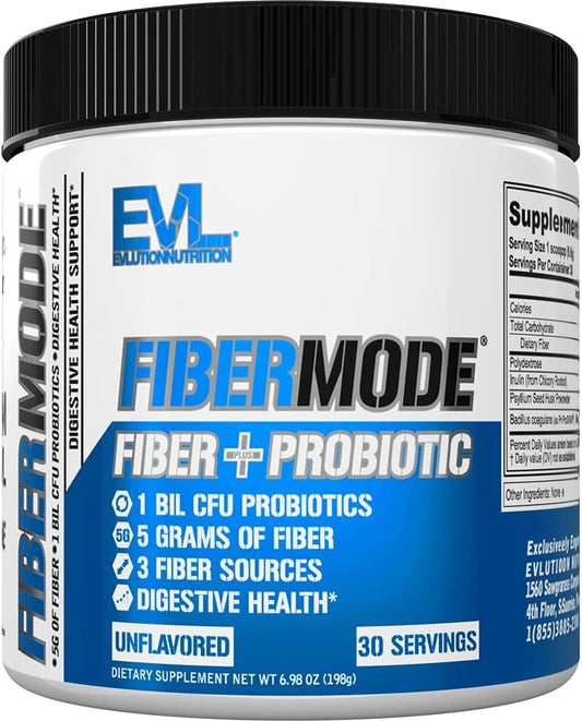 Evlution Nutrition FiberMode - Fiber + Probiotic Powder - Digestive Health & Immune Support - 1bil CFU Probiotics + 5g Fiber - Gluten Free & Vegan - Unflavored - Dietary Supplement - 30 Servings