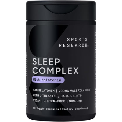 Sports Research® Sleep Complex- Melatonin-Free Vegan Capsules - with Valerian Root, GABA, L-Theanine, Magnesium & 5-HTP - 30 Servings