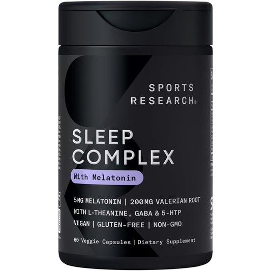 Sports Research® Sleep Complex- Melatonin-Free Vegan Capsules - with Valerian Root, GABA, L-Theanine, Magnesium & 5-HTP - 30 Servings