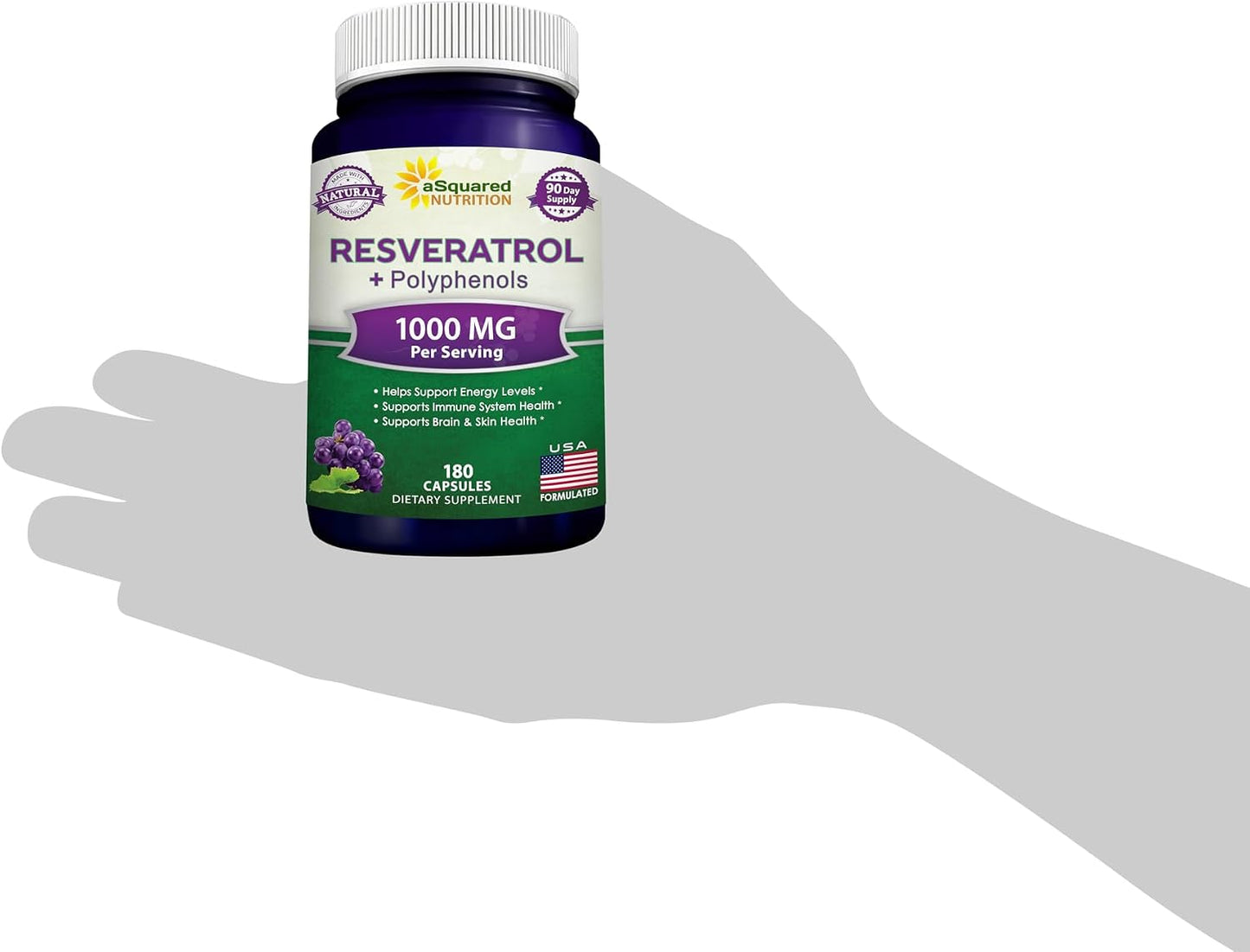 aSquared Nutrition Natural Resveratrol with Red Wine Extract - 180 Capsules - Trans Resveratrol Antioxidant Supplement Pills for Pure Heart Health - Extra Strength Trans-Resveratrol