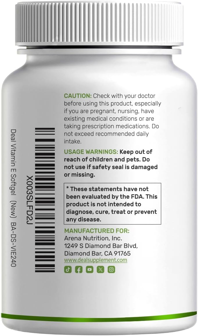 Vitamin E Supplements, 1,000 IU Per Serving, 240 Softgels – Extra Strength Antioxidant Protection – Bioavailable Stable Form – Skin, Heart, Brain, & Immune Support – Non-GMO