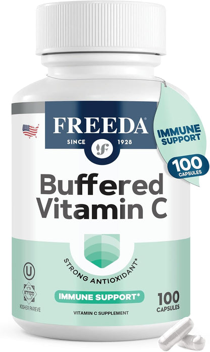 FREEDA Buffered Vitamin C 500mg for Immune Support – 100 Capsules | Includes 50mg Calcium – Supports Immune Health & Antioxidant Defense – Gentle on Stomachs, Kosher, Vegan, & Made in USA