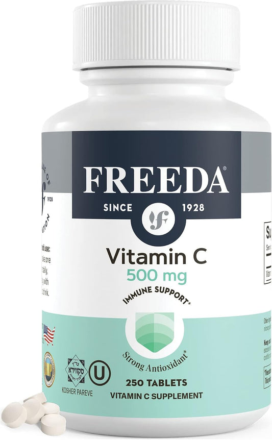 FREEDA Vegan Vitamin C 500mg – Kosher Immune Support & Antioxidant – Helps Maintain Healthy Skin & Hair, Supports Iron Absorption – No Gluten, No Lactose, No Artificial Flavor or Color – 250 Tablets | Kosher Supplement to Support Antioxidant Protection, H
