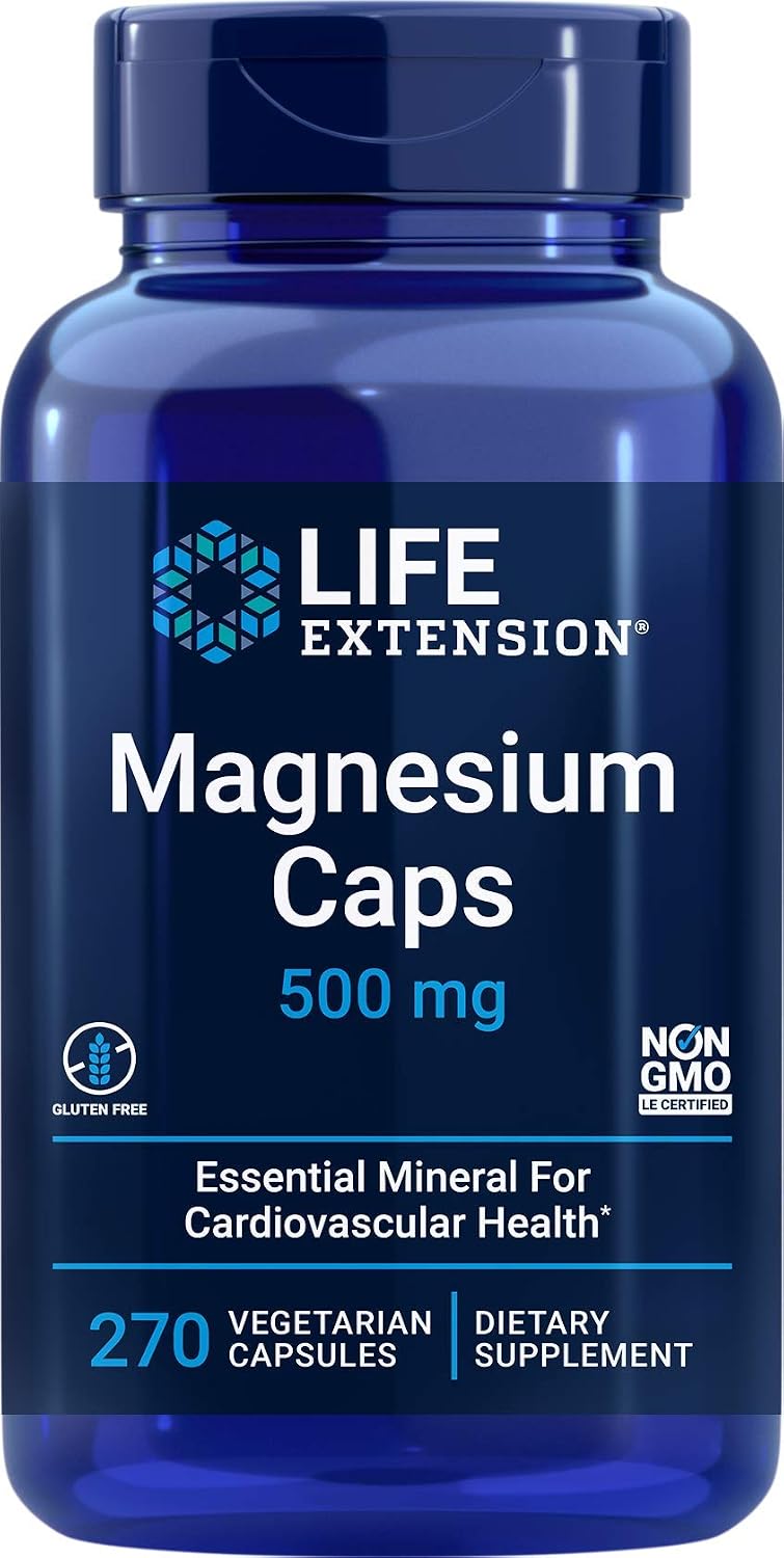 Life Extension Magnesium Caps 500mg, 270 Vegetarian Capsules | 3 Forms of Magnesium (Oxide, Citrate, Succinate). Non-GMO, Gluten Free, Vegetarian.